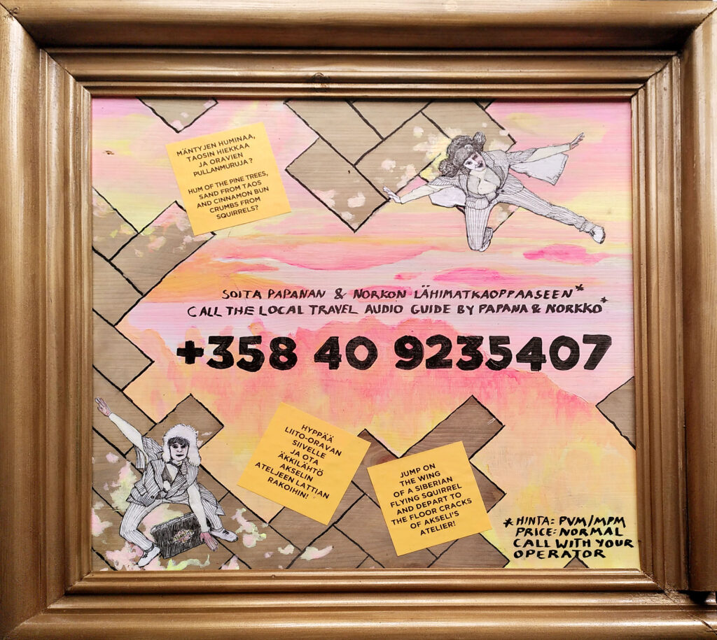 Kuva oravien puhelinnumerokyltistä. Maalaus, jossa oravat liitävät pinkissä maisemassa - parafraasi Gallen-Kallelan maisemamaalauksesta.